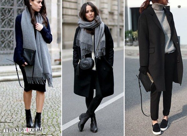 Черное пальто и шарф или свитер серого цвета
