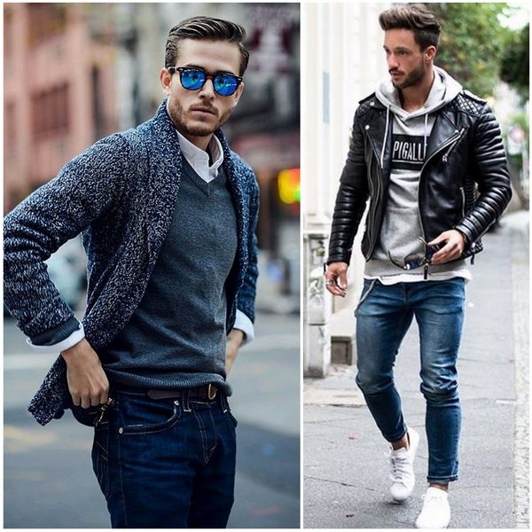 Мужские джинсы с рубашкой, вязаным жилетом и кардиганом, или с пайтой и кожаной курткой