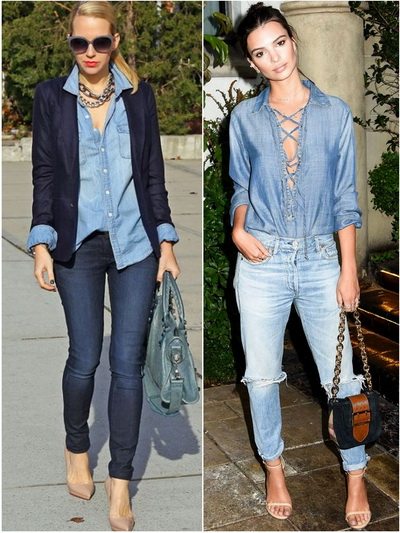 Сравним: джинсовая рубашка и джинсы с пиджаком и без. Первый образ более строгий, второй, более свободный.