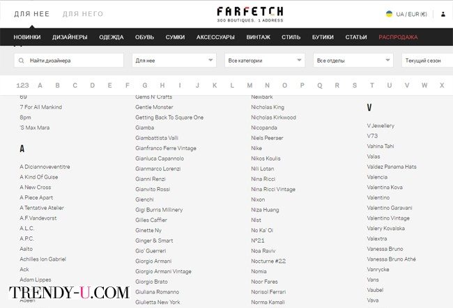 Список брендов мультибрендового магазина Farfetch